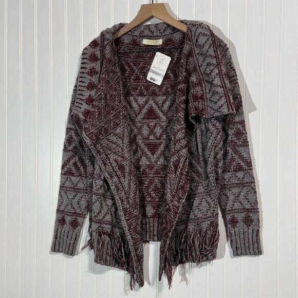 Entro Cardigan Sweater M Maroon Gray Tribal Fringe Hem Open Front NWT Western - Picture 1 of 7